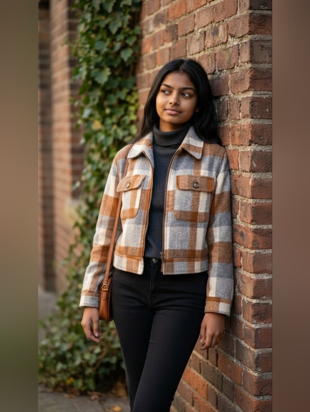 Plaid Wool-Blend Jacket in Brown and Gray
